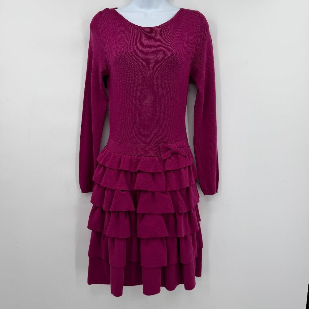 RED Valentino Luxury Fuchsia Tiered Ruffle Knit Dress Bow Detail Small NWT